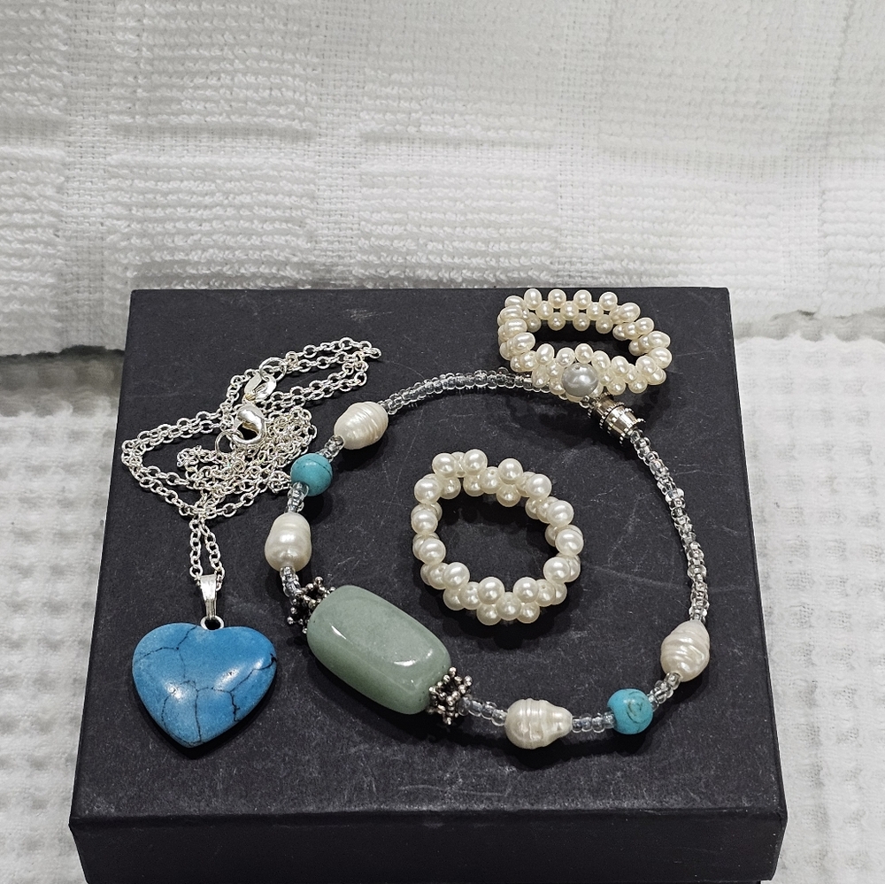 Pearl and Turquoise Bracelet, Necklace, and Ring Jewelry Bundle Set